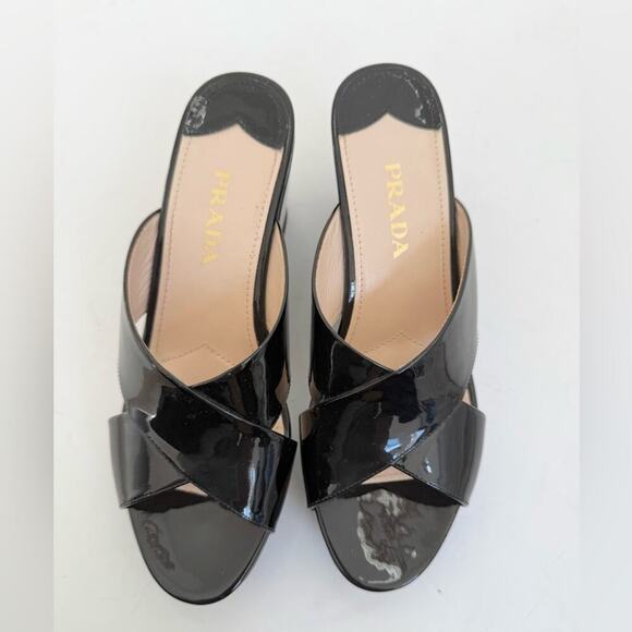 Prada Shoes - Prada Black Patent leather Criss cross peep toe platform wedge sandals 39.5